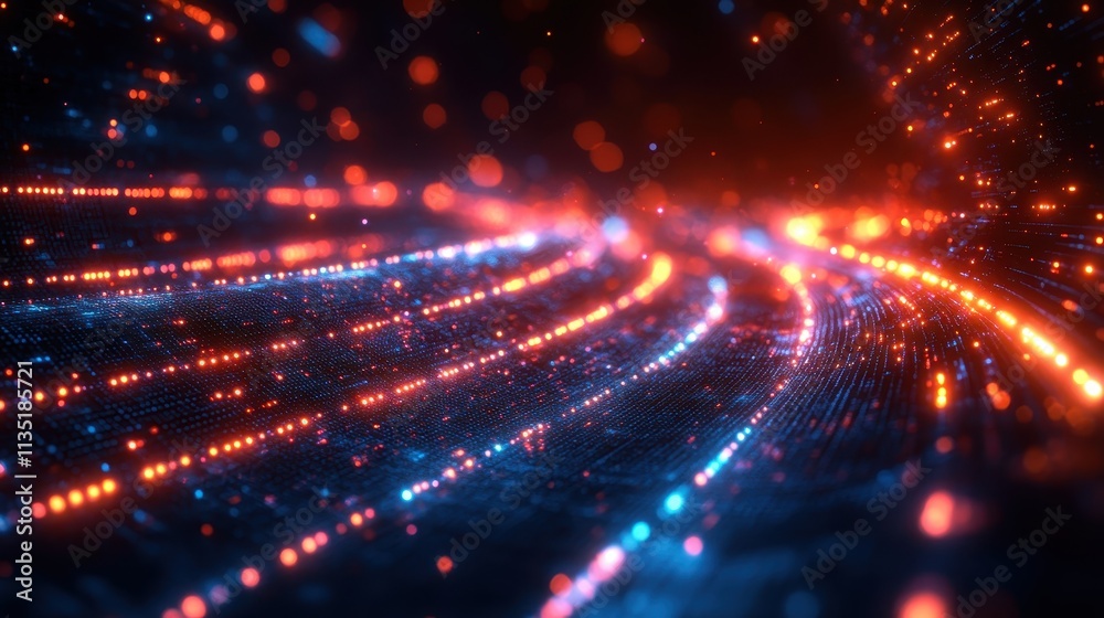 Abstract Digital Wave Background Glowing Red and Blue Particles in Motion, Futuristic Technology Concept Abstract Digital Wave Background Glowing Red and Blue Particles in Motion, Futuristic Technology Concept