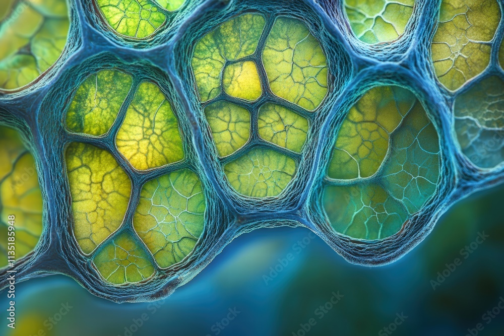Digital micrograph, woody dicot stem, plant cells, xylem and phloem arrangement, detailed cell walls, realistic textures