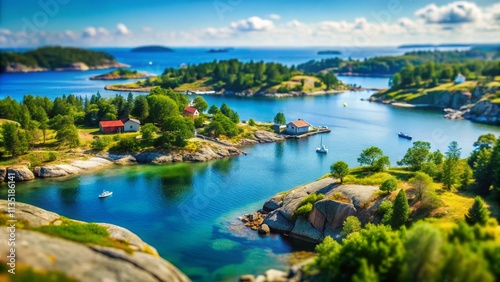 Stunning Tilt-Shift Photography of the Serene Coastline of Sweden Showcasing Vibrant Waters, Lush Greenery, and Unique Rock Formations Under Clear Blue Skies