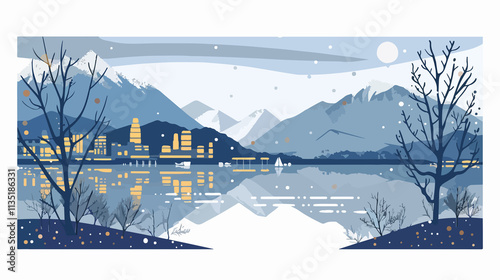 Winter Cityscape with Lake and Mountains: Urban Scenery photo