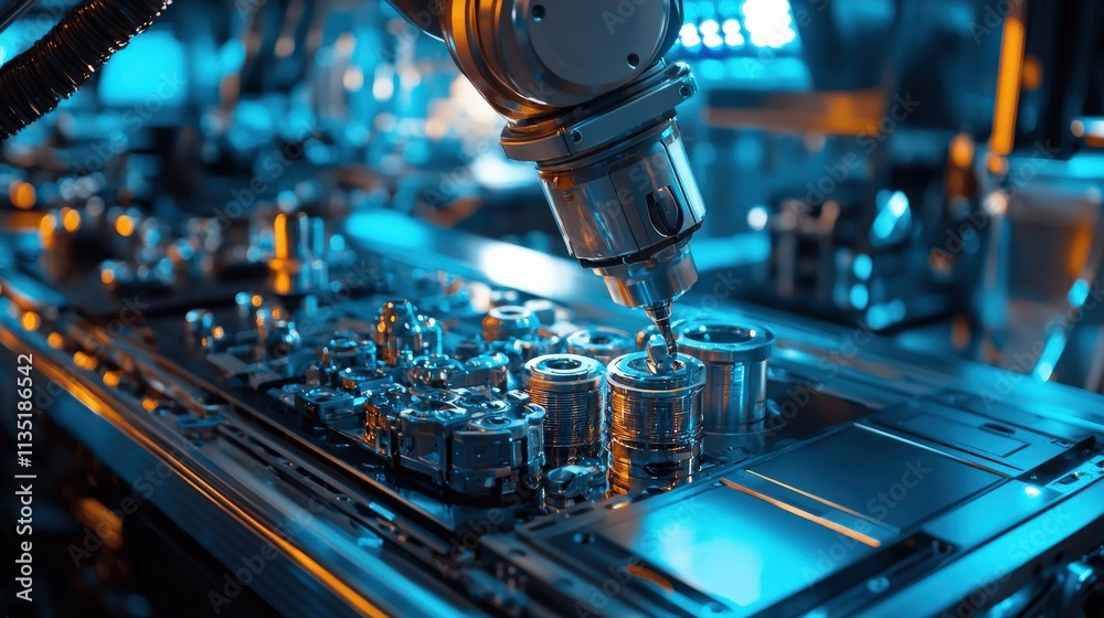 Fototapeta premium A robotic arm assembling precision parts on an advanced production line in blue neon lighting