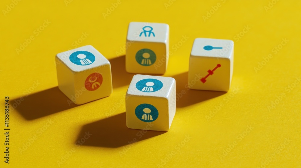 Five small, light beige cubes with different colored icons on a bright yellow surface, representing diverse people and concepts. Five small, light beige cubes with different colored icons on a bright yellow surface, representing diverse people and concepts.