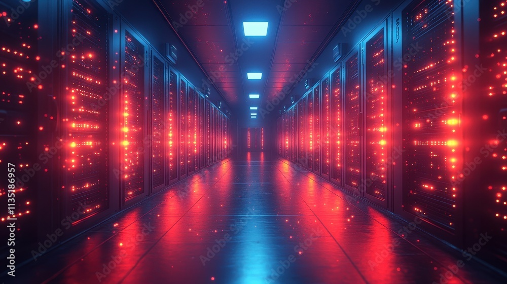 Futuristic Data Center Server Room with Glowing Red Lights and Reflective Floor
