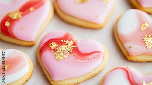 elegant heart-shaped cookies featuring a marbled red, pink, and white icing design, accented with specks of edible gold leaf for Valentines