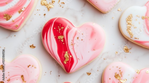 elegant heart-shaped cookies featuring a marbled red, pink, and white icing design, accented with specks of edible gold leaf for Valentines