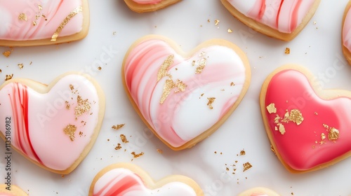elegant heart-shaped cookies featuring a marbled red, pink, and white icing design, accented with specks of edible gold leaf for Valentines
