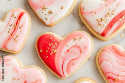 elegant heart-shaped cookies featuring a marbled red, pink, and white icing design, accented with specks of edible gold leaf for Valentines
