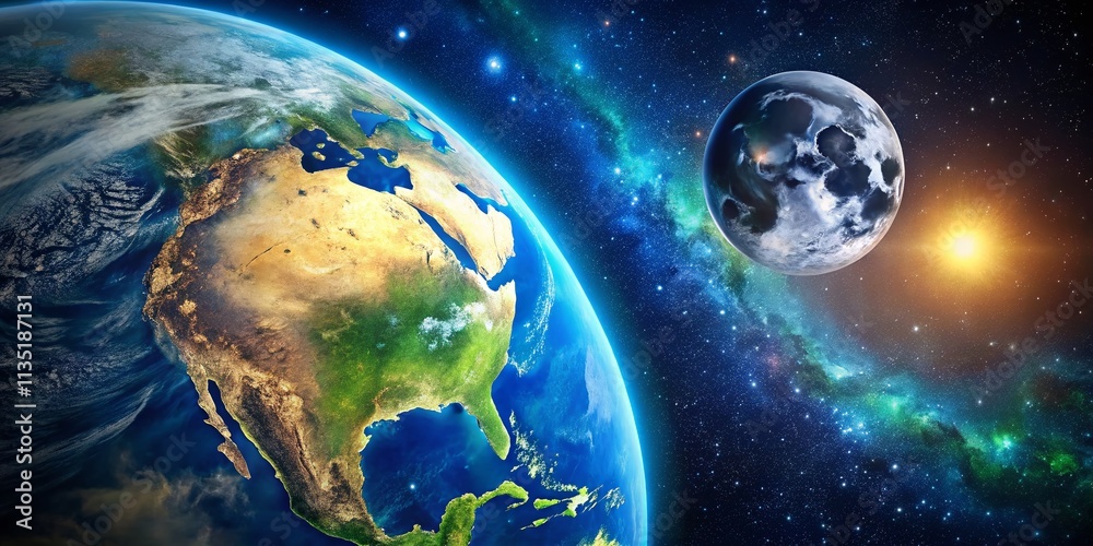 Obraz premium Stunning View of Earth from Space with the Moon Illuminating the Scene, Perfect for Educational and Inspirational Purposes in a Cosmic Themed Design