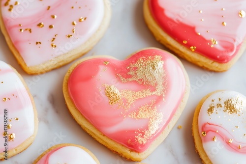 elegant heart-shaped cookies featuring a marbled red, pink, and white icing design, accented with specks of edible gold leaf for Valentines