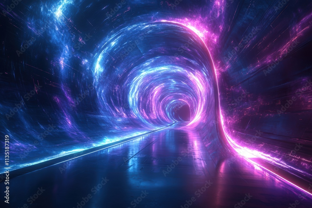 Futuristic sci-fi background, dark empty space, blue and purple neon light