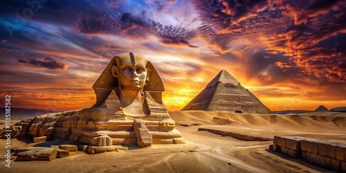 Stunning Watercolor Landscape of the Egyptian Sphinx Amidst the Desert Dunes at Sunset, Capturing the Rich Colors and Mystical Atmosphere of Ancient Egypt's Iconic Monument photo