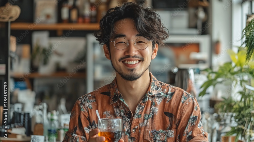 Happy Asian man smiling, holding a drink in a cafe. Happy Asian man smiling, holding a drink in a cafe.