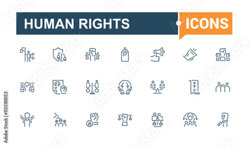 Human Rights line icon collections. Featuring protest, work, man, discrimination, government, democracy, war, unity. Simple line vector. Editable vector stroke.