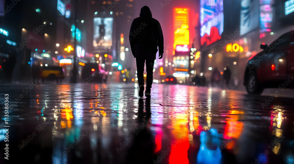 A person walks alone on a wet city street at night, surrounded by illuminated buildings, reflections, and neon lights A person walks alone on a wet city street at night, surrounded by illuminated buildings, reflections, and neon lights