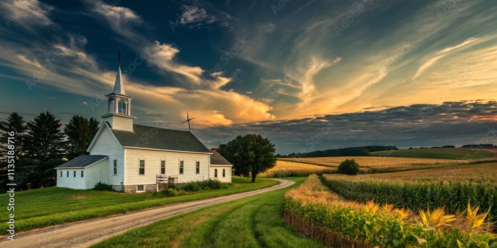 Fototapeta premium Idyllic Rural Church at Sunset Amid Golden Wheat Fields and Hills V14