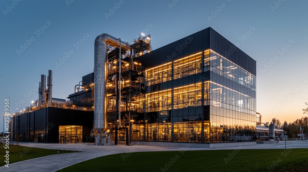 A futuristic oil refinery with glowing pipelines under a twilight sky A futuristic oil refinery with glowing pipelines under a twilight sky