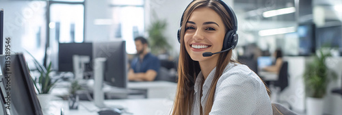 A smiling customer service representative wearing a headset, working at a desk in a bright and modern call center. 