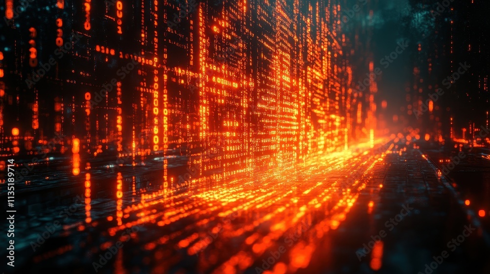 Abstract Digital Data Stream of Glowing Orange Binary Code Matrix. Abstract Digital Data Stream of Glowing Orange Binary Code Matrix.