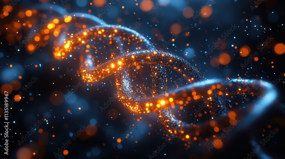 Abstract Glowing DNA Double Helix with Bokeh Lights in Dark Blue Background. Abstract Glowing DNA Double Helix with Bokeh Lights in Dark Blue Background.