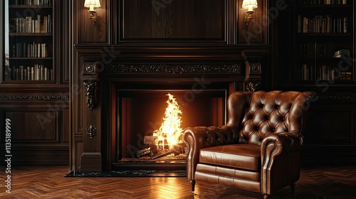 Cozy Fireplace and Leather Armchair in a Luxurious Library photo