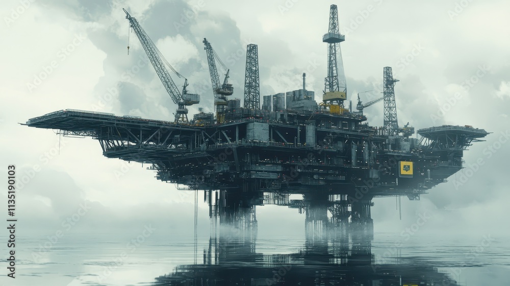 Fototapeta premium Industrial Oil Platform in Foggy Waters with Cranes and Machinery, Showcasing Offshore Energy Production amidst Dramatic Cloudy Sky and Calm Sea
