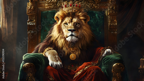 Majestic lion wearing a crown seated on a royal throne, symbolizing power, strength, and leadership, perfect for themes of royalty, authority, and grandeur in creative designs photo