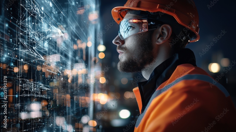 A double exposure of a construction worker and a futuristic cityscape glowing in neon tones A double exposure of a construction worker and a futuristic cityscape glowing in neon tones