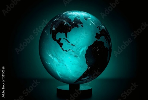 Glowing Earth Globe:  A mesmerizing illuminated globe in teal hues, casting an ethereal glow against a dark background. Perfect for concepts related to global connection, sustainability. photo