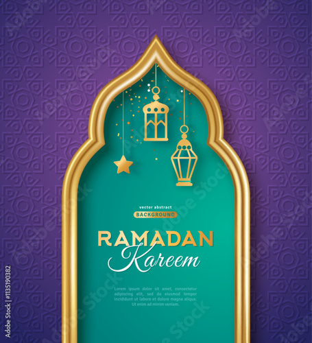 Ramadan Kareem concept poster, gold 3d frame template, arab window on purple background, arabesque pattern. Vector illustration. Hanging golden arabian lanterns and stars. Place for text.