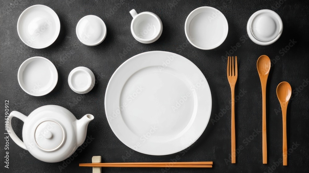 White Tableware and Wooden Utensils Arranged on Black Surface White Tableware and Wooden Utensils Arranged on Black Surface