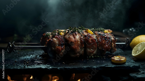 Chicken rotisserie with thyme, lemon, and dark background closeup shot on a slate boardhigh quality image photo