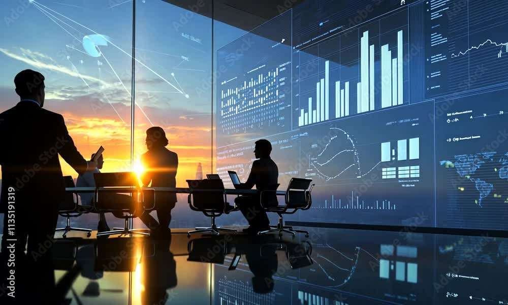 Executives Reviewing Data Analytics Against Cityscape Sunset