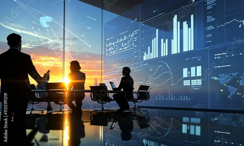 Executives Reviewing Data Analytics Against Cityscape Sunset