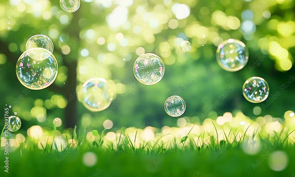 Sparkling soap bubbles floating over a vibrant green grassy field, bathed in sunlight.