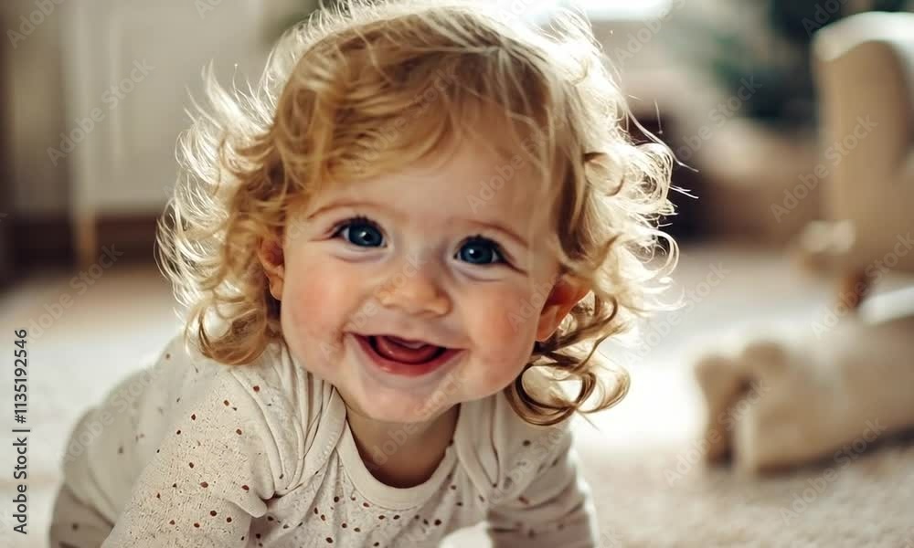 Joyful Toddler with Curly Blonde Hair Smiling on the Floor Joyful Toddler with Curly Blonde Hair Smiling on the Floor