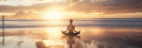 A woman practicing yoga on the beach at sunrise, with calm ocean waves in the background and soft, warm light. 