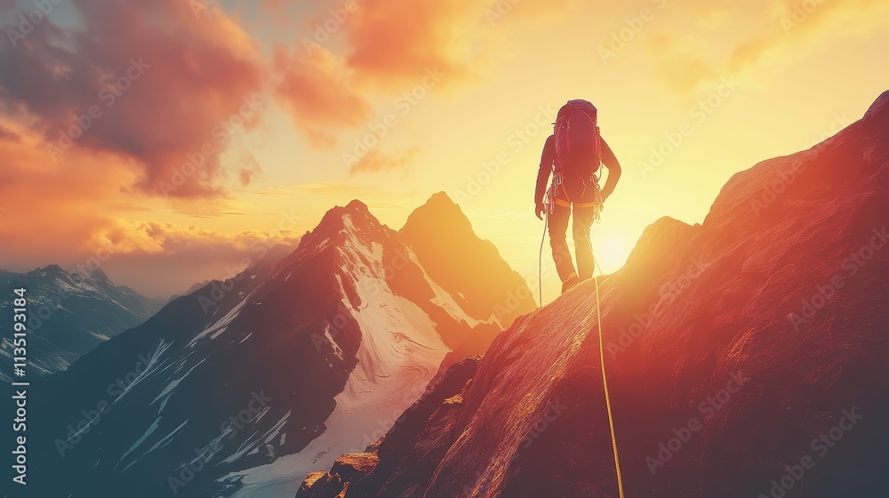 Obraz premium Mountain Climber Ascending Peak at Sunset with Stunning Landscape.