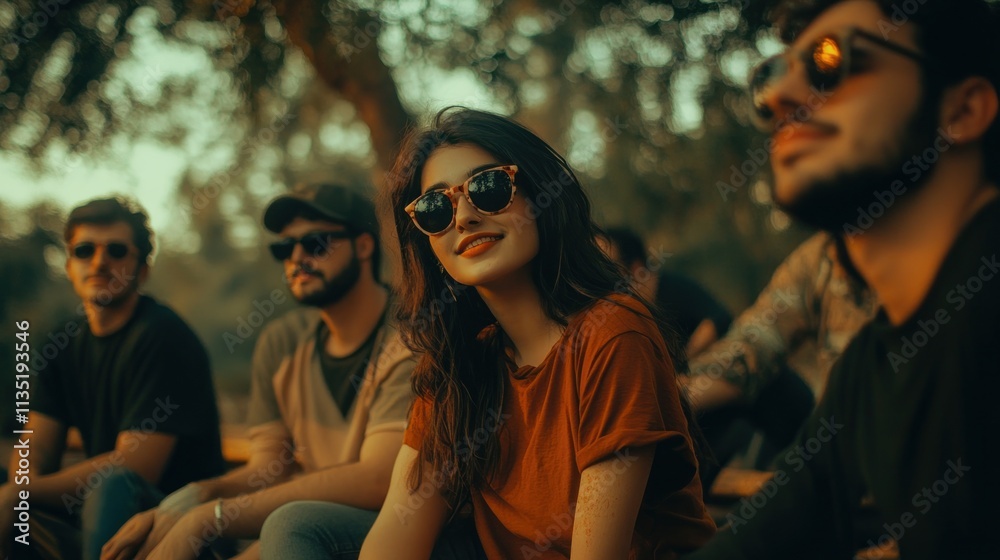 Group of friends enjoying a park setting during golden hour. Group of friends enjoying a park setting during golden hour.