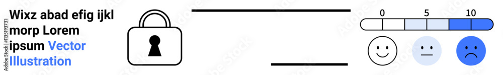 Lock icon representing security or privacy next to a satisfaction rating scale with faces ranging from happy to sad. Ideal for cybersecurity, user feedback, data protection, privacy settings Lock icon representing security or privacy next to a satisfaction rating scale with faces ranging from happy to sad. Ideal for cybersecurity, user feedback, data protection, privacy settings