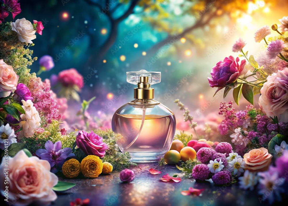 Surreal Bottle of Perfume Surrounded by Vibrant Flowers in a Dreamlike Landscape with Soft Focus and Ethereal Lighting for Captivating Visual Storytelling Surreal Bottle of Perfume Surrounded by Vibrant Flowers in a Dreamlike Landscape with Soft Focus and Ethereal Lighting for Captivating Visual Storytelling