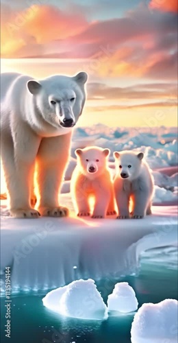 White bear with cubs on an ice floe. Generated AI