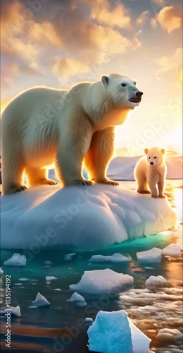 White bear with a cub on an ice floe. Generated AI