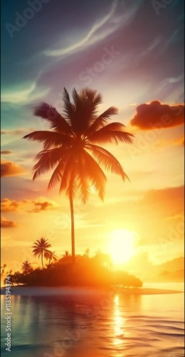 Sunny sunset among palm trees and the ocean. Generated AI