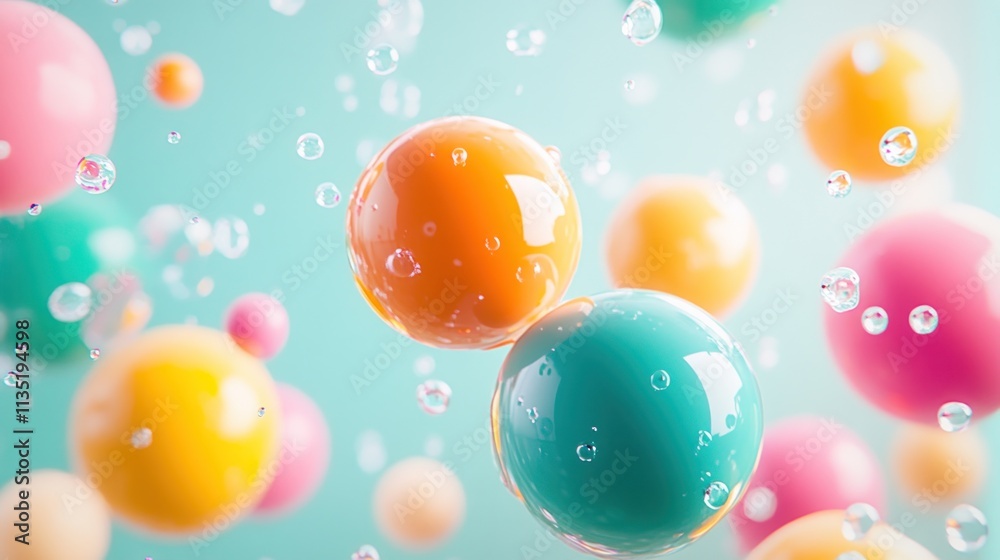 Vibrant colorful glossy spheres with water droplets and bubbles in motion. Vibrant colorful glossy spheres with water droplets and bubbles in motion.