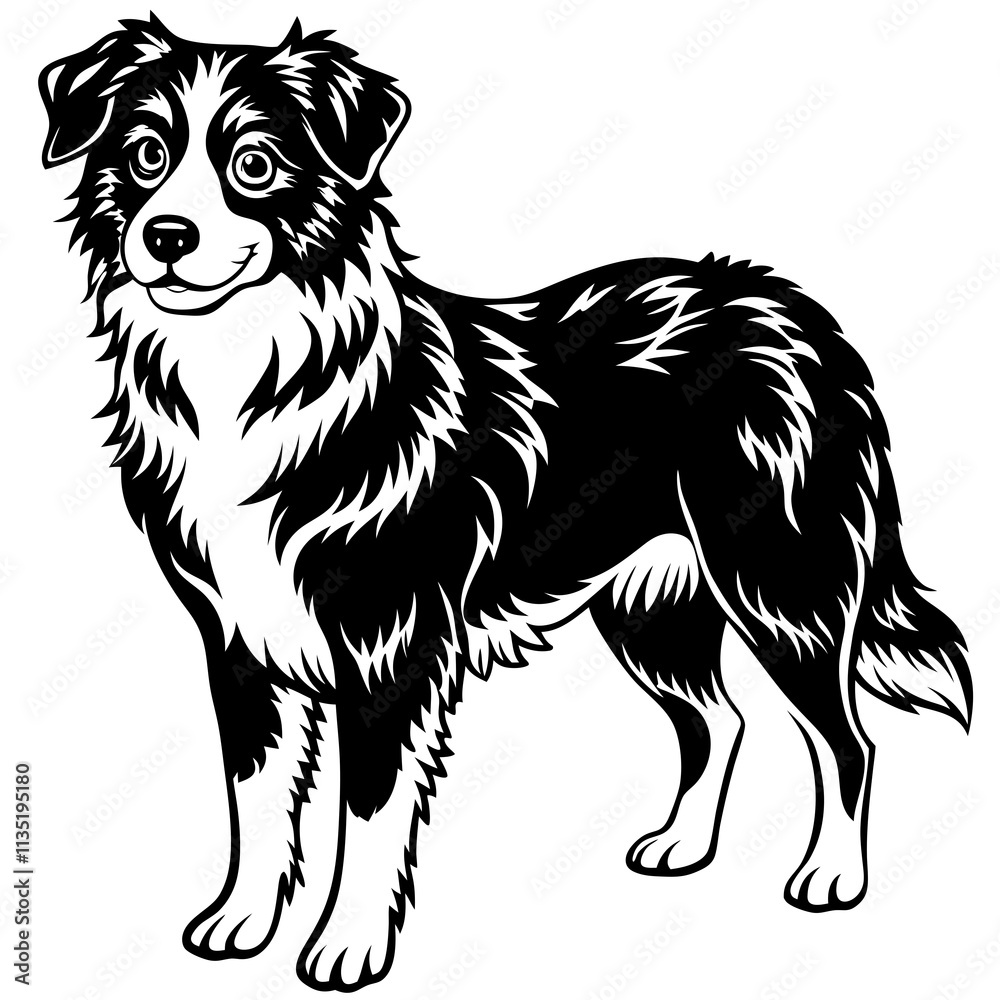 Fototapeta premium Miniature American Shepherd dog black silhouette vector with white background
