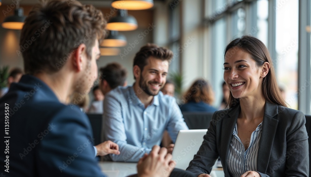 Business professionals engaging in a discussion with smiles in a modern office environment
Business professionals engaging in a discussion with smiles in a modern office environment