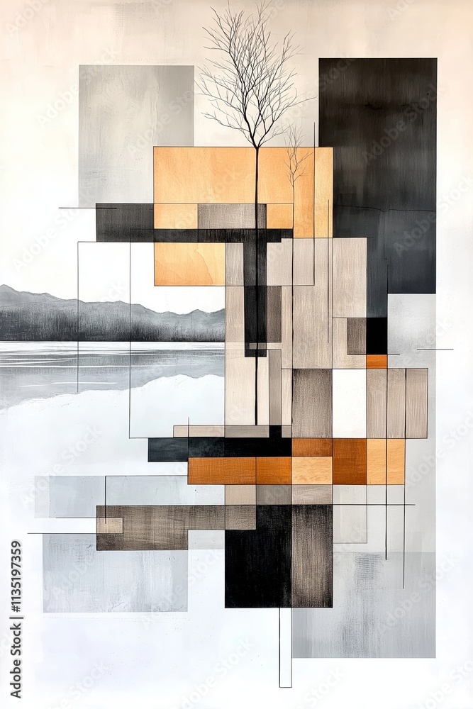 Vertical geometric abstract winter landscape in warm and neutral tones with intersecting shapes and a tree motif Vertical geometric abstract winter landscape in warm and neutral tones with intersecting shapes and a tree motif