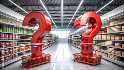 Surreal Depiction of Two Large 3D Red Question Marks in an Abstract Supermarket Interior with Empty Shelves, Symbolizing Inflation and the Global Food Crisis in Retail Industry photo