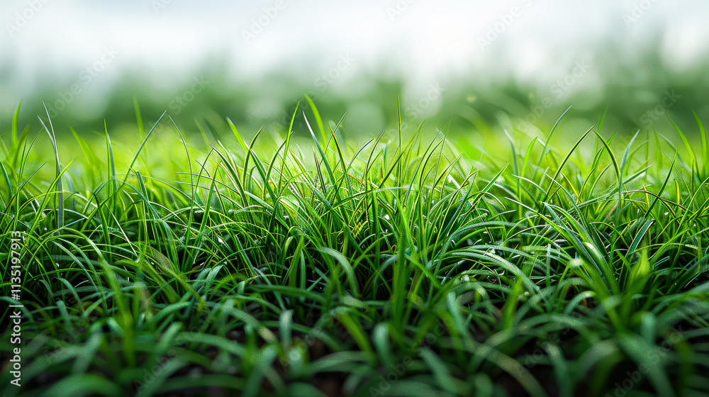Fototapeta premium Lush green field with dew on the grass