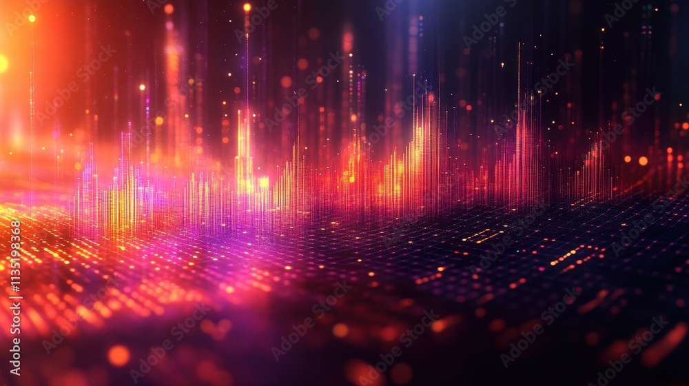 Fototapeta premium Abstract Digital Cityscape Glowing Red and Orange Neon Lights, Futuristic Technology Background